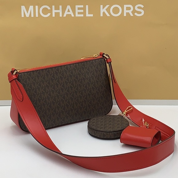 Michael Kors Jet Set Travel Small Crossbody w Tech Attch Flame/Brown signature - Picture 9 of 16